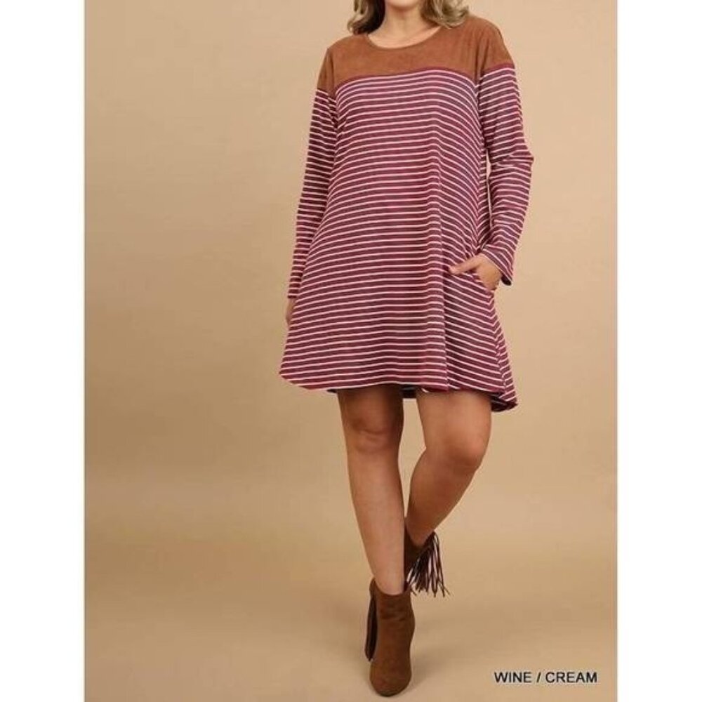 Umgee‎ Stripe Dress With Suede Shoulders And Elbow Patch Wine/Brown NWT Sz S